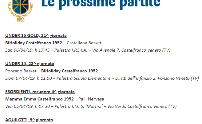 Giovanili e minibasket in campo nel weekend, in palio punti importanti